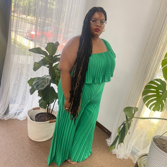 Green Orange Yellow off the shoulder wide jumpsuit - Picture 6 of 7